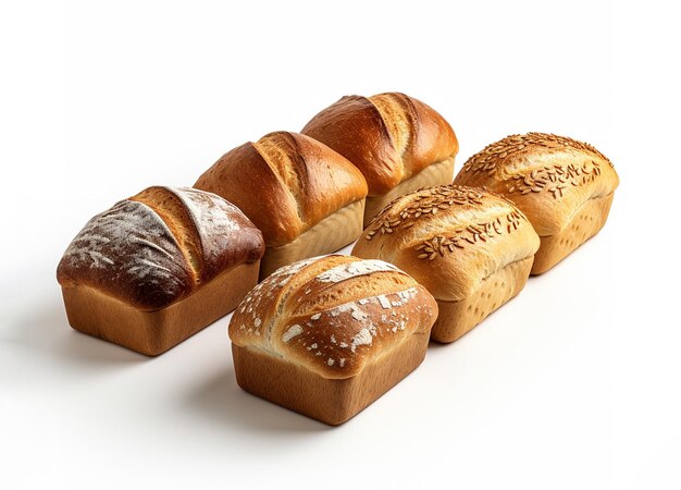 白い背景に並べられた様々な種類の新鮮なパン