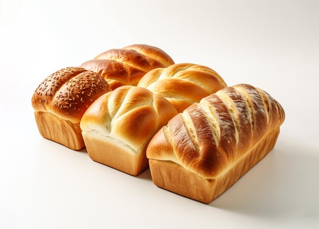 A collection of various types of fresh bread Arranged on white background