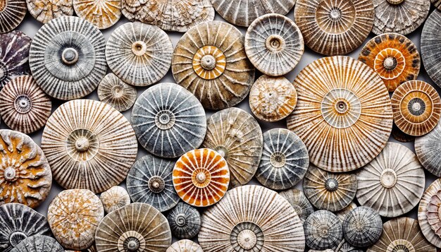 白い背景に並べられた様々な大きさと色の化石化した貝のコレクション