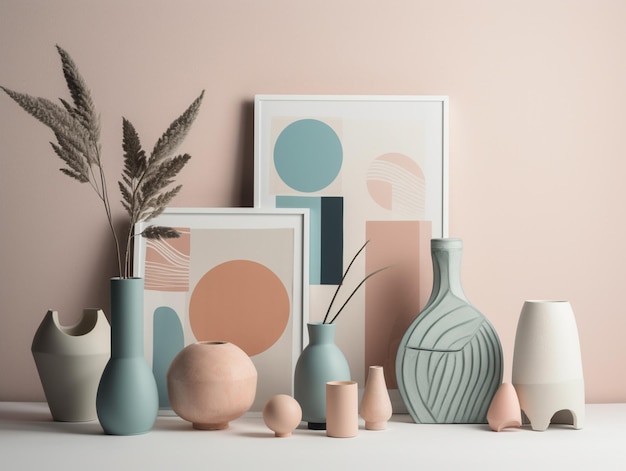 A collection of vases and art on a table.