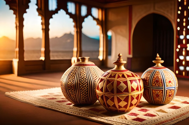 A collection of vases on a mat with the mountains in the background