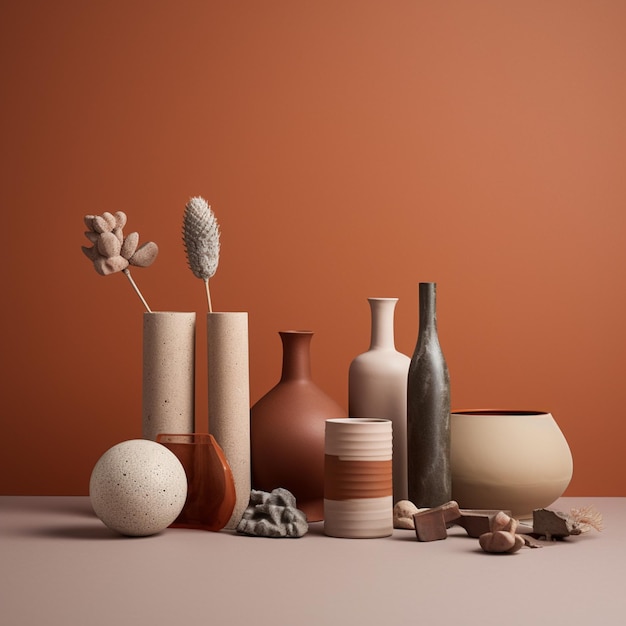 A collection of vases and rocks are on a table.