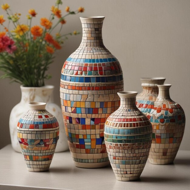 a collection of vases with colorful tiles and flowers in front of them