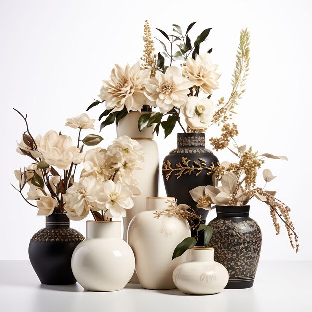 a collection of vases with flowers and leaves on them