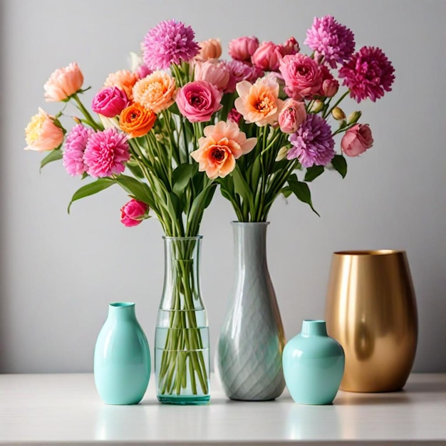 a collection of vases with flowers on a table