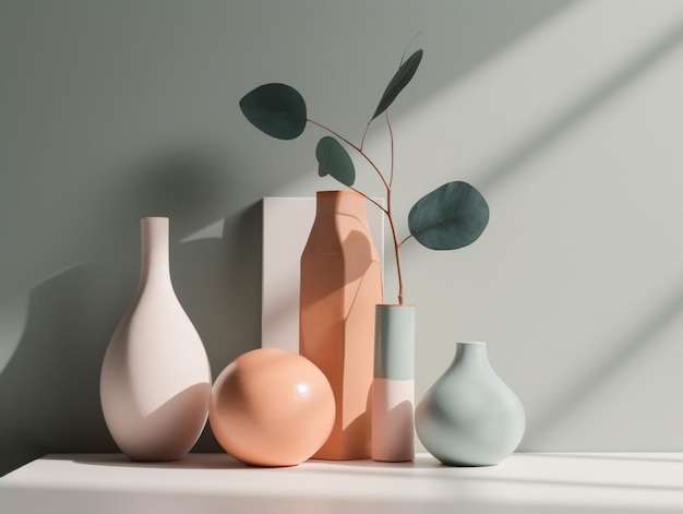 A collection of vases with a plant in the corner.