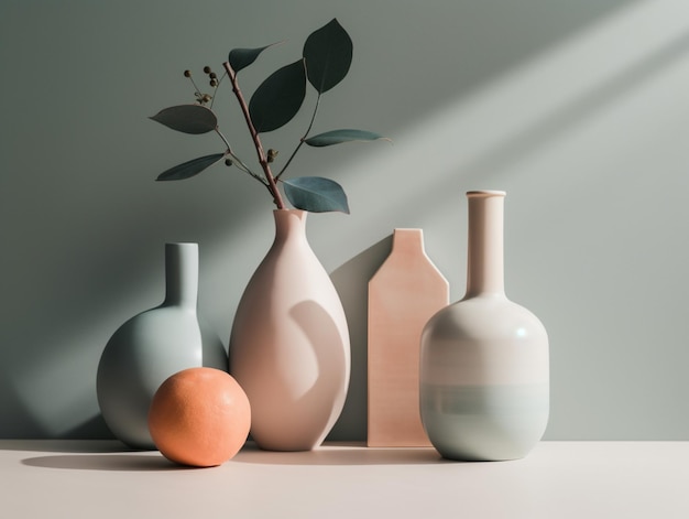 A collection of vases with a plant in the middle.