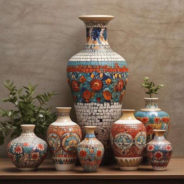 Photo a collection of vases with the word  mosaic  on them