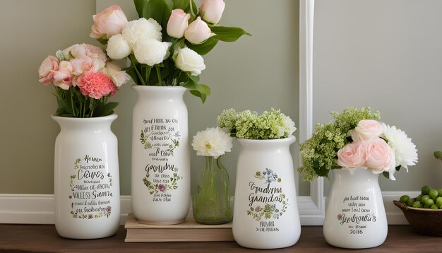 a collection of vases with the words  good morning  on them