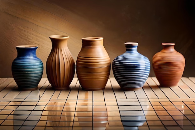 a collection of vases on a wooden floor with a reflection of them.
