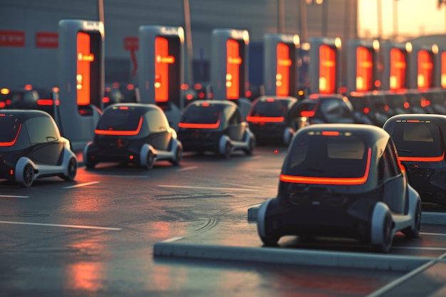 A collection of vehicles of various makes and models parked in a row on a city street A swarm of autonomous electric vehicles at a city charging station AI Generated