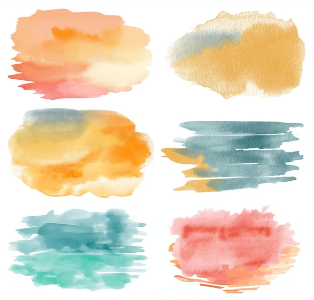 Photo collection of vibrant watercolor brush strokes in various shapes and colors ideal for labels backgrounds or creative design elements