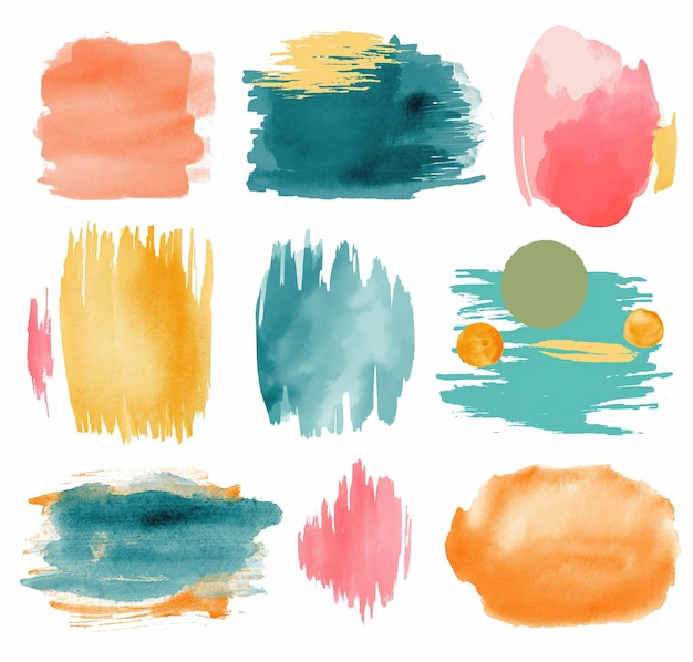 Collection of vibrant watercolor brush strokes in various shapes and colors ideal for labels backgrounds or creative design elements