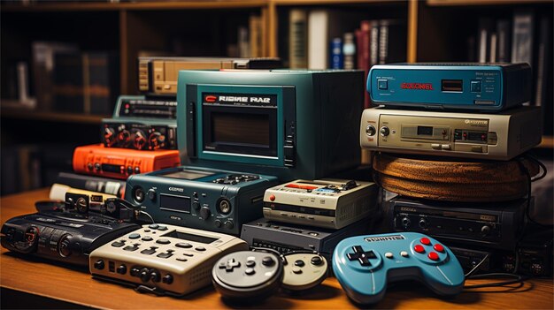 A collection of video game controllers including one that says " sony ".