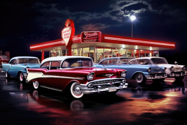 Photo a collection of vintage automobiles gathered in front of a gas station classic cars in a 50s drivein diner scene ai generated