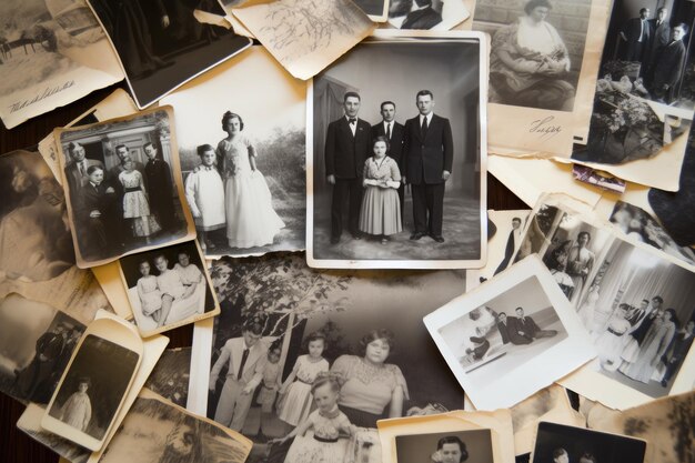 Foto collezione di fotografie antiche in bianco e nero ricordi nostalgici catturati nel tempo collezione di fotografie di famiglia in bianco ed nero generate da ia