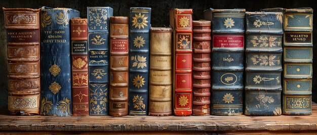 Photo collection of vintage books stacked on wooden table