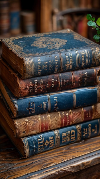 나무 테이블 에 쌓인 오래된 책 들 의 컬렉션