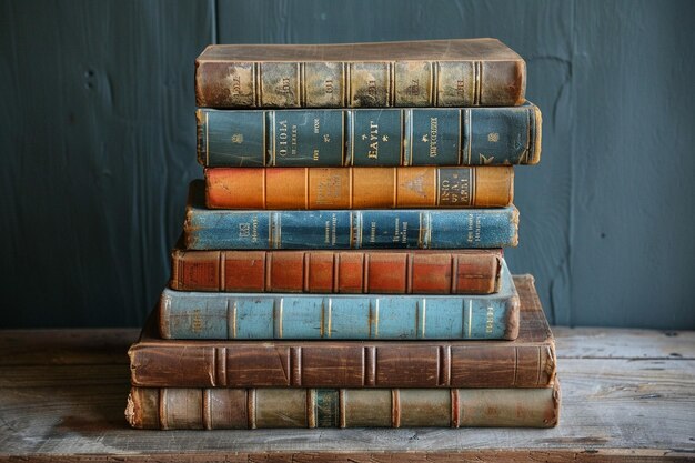 나무 테이블 에 쌓인 오래된 책 들 의 컬렉션