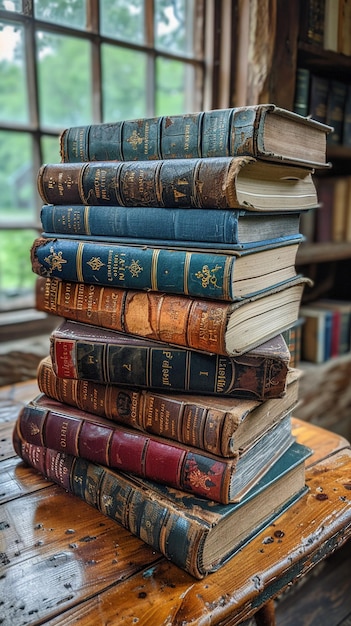 Photo collection of vintage books stacked on wooden table