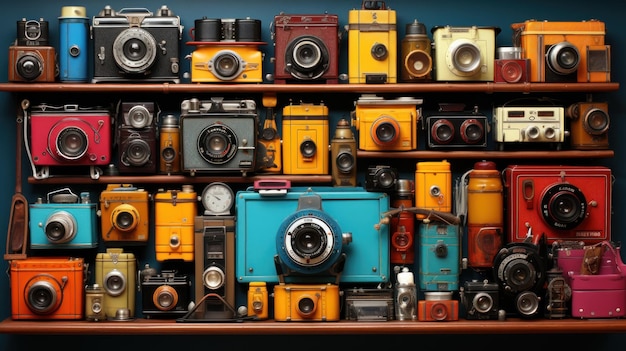 The collection of vintage cameras and photography equipment is meticulously arranged in the knolling style