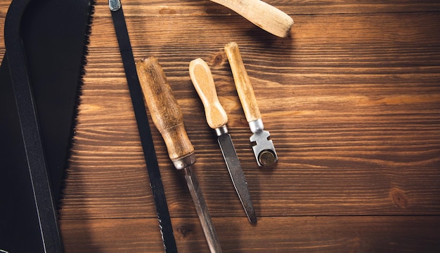 Collection of vintage carpentry tools on workbench