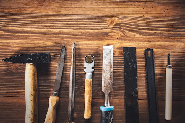 Collection of vintage carpentry tools on workbench