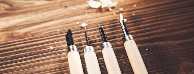 Collection of vintage carpentry tools on workbench