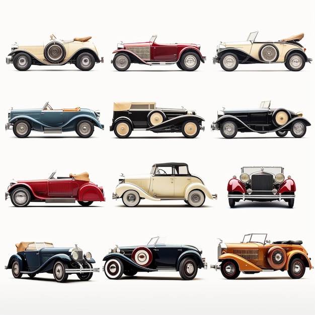 A collection of vintage cars are shown in a white background.