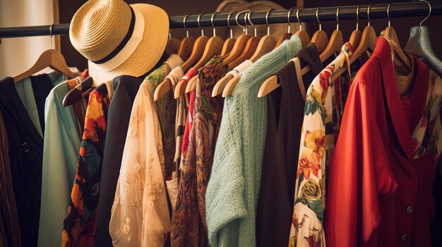 A collection of vintage clothing items on a clothing rack