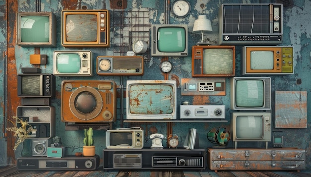 Collection of vintage televisions and radios on a rustic wooden wall exhibiting midcentury design