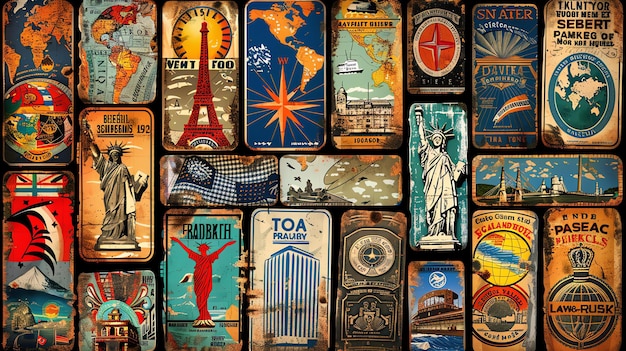 Photo a collection of vintage travel posters from around the world the posters are all different colors and styles