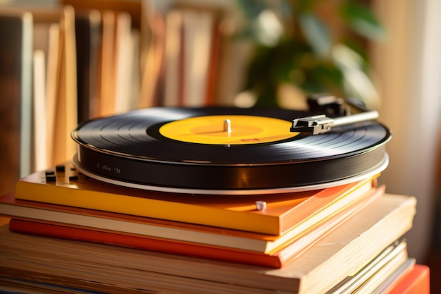 A collection of vintage vinyl records arranged in a stack with a retro record player and headphones