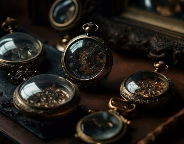 A collection of watches on a table with a mirror in the background