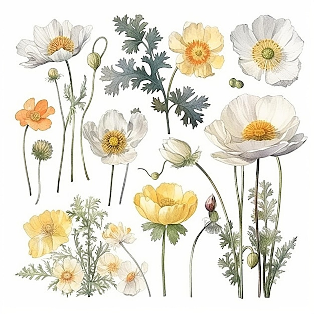 Photo collection of watercolor adonis amurensis leaves and flowers