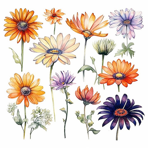 Collection of watercolor African Daisy leaves and flowers