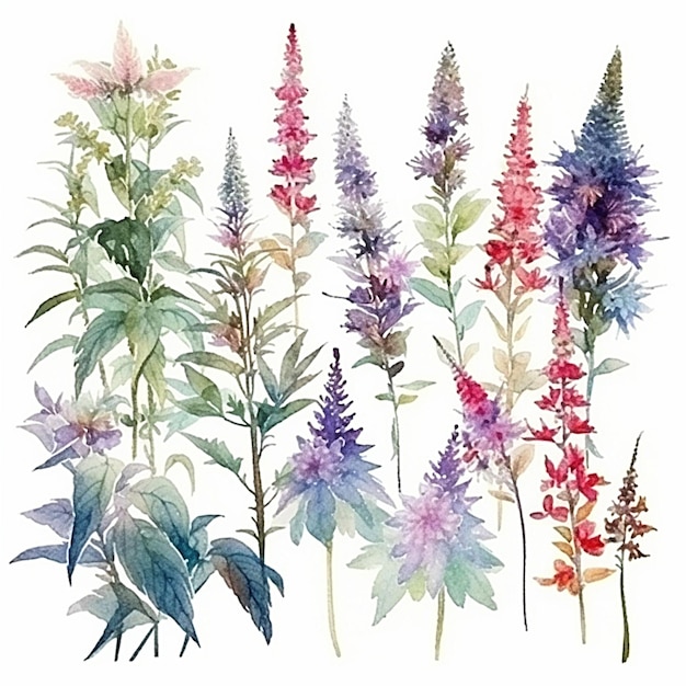 수채화 agastache foeniculum 잎과 꽃의 컬렉션