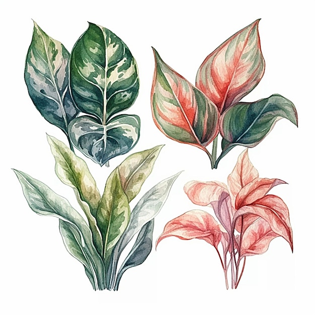 Collection of watercolor aglaonema pictum tricolor leaves and flowers