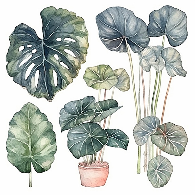 Collection of watercolor Alocasia leaves and flowers