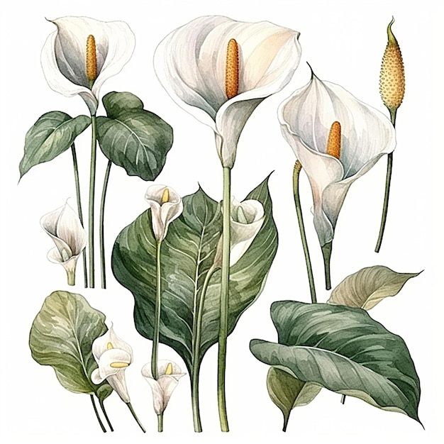 Collection of watercolor Arum Lily leaves and flowers