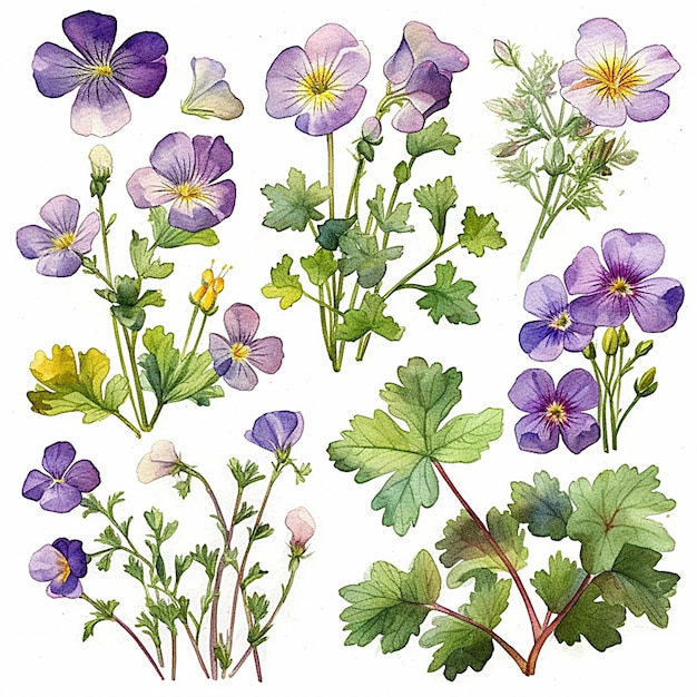 수채화 Aubrieta 잎과 꽃의 컬렉션