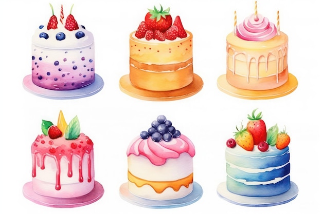 A collection of Watercolor birthday cakes on white background