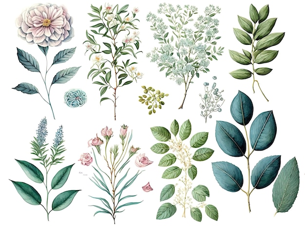 Collection of watercolor botanicals leaves for organic look generative ai