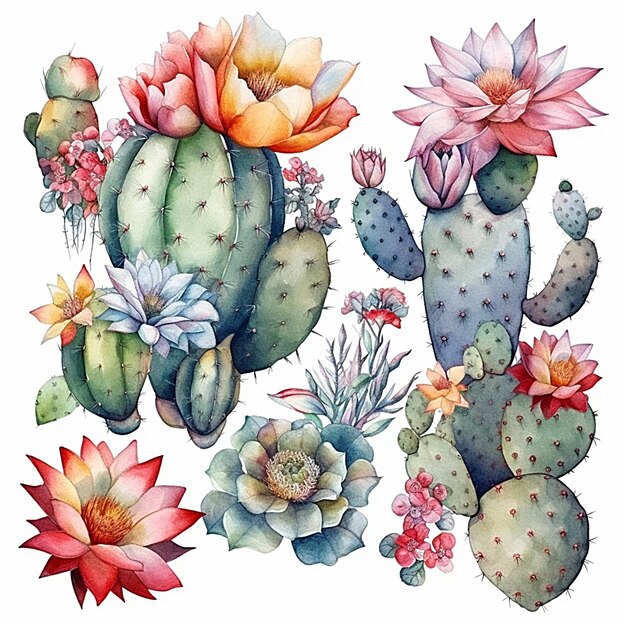 Collection of watercolor Cactus leaves and flowers