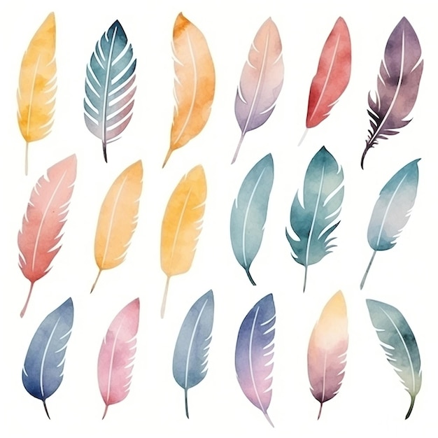 A collection of watercolor feathers