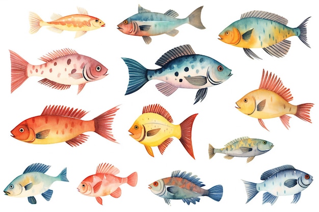 A collection of watercolor fish illustrations