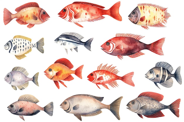 A collection of watercolor fish illustrations