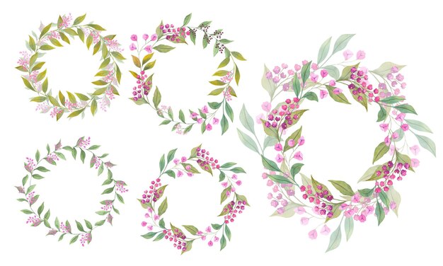 Collection of watercolor floral wreath isolated on white background Natural hand painted design object