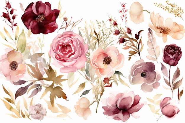 A collection of watercolor flowers and leaves Abstract floral art background