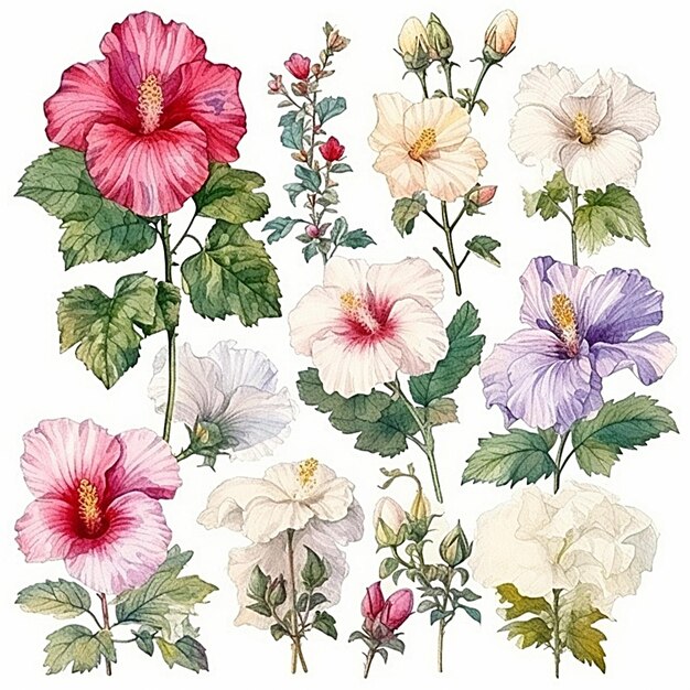 Collection of watercolor Hibiscus syriacus plant leaves and flowers